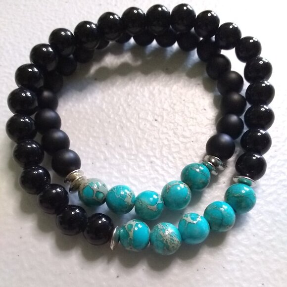 Aqua/Turquoise Colored Sea Sediment Jasper Beaded Unisex Stretch Stone Bracelet! - Picture 4 of 8